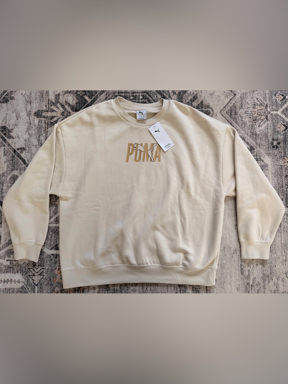 Puma Women’s Beige Crewneck Relaxed Fit Sweatshirt with Gold Logo Size L
